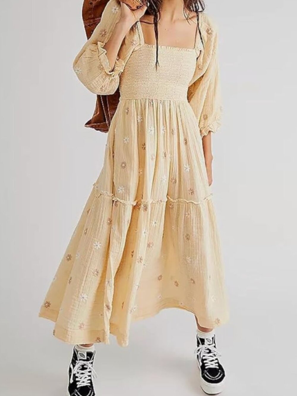 Beige Embroidered Smocked Puff Sleeve Tiered Maxi Large